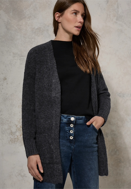 Cecil Long Bouclé Cardigan, charcoal grey melange