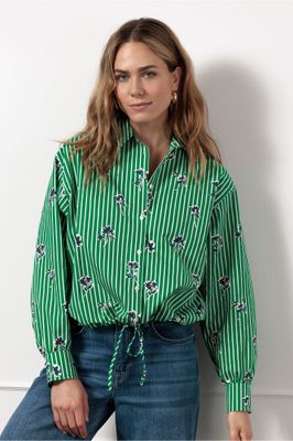 Studio Anneloes Dio poplin flower stripe blouse, clover green/off white