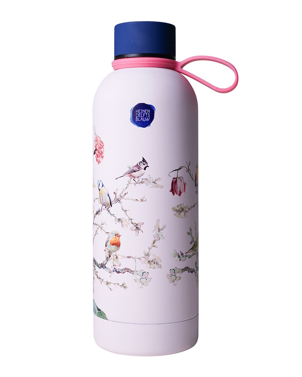 Heinen Waterfles Bosvogels roze - Geïsoleerd - RVS - 500 ml, delfts blauw