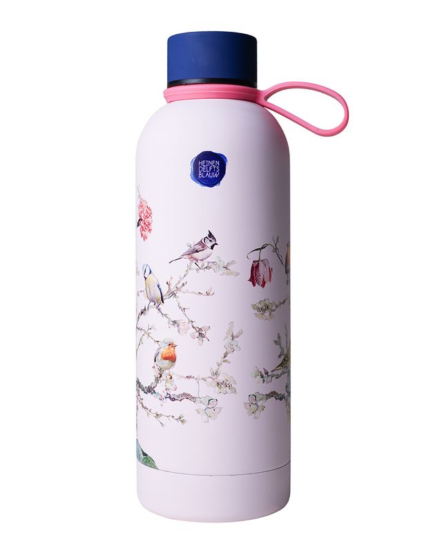 Heinen Waterfles Bosvogels roze - Geïsoleerd - RVS - 500 ml, delfts blauw