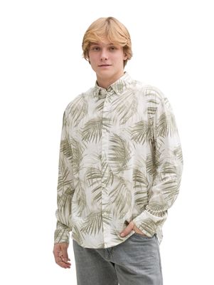 Tom Tailor Relaxed fit overhemd met linnen, white green watery palm print