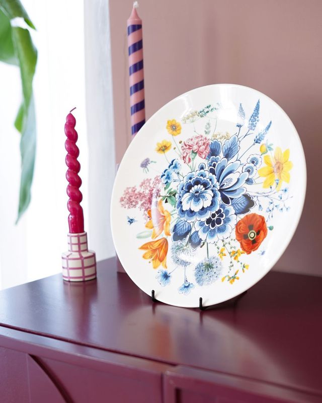 Heinen wandbord Wildbloemen 31cm,  delfts blauw