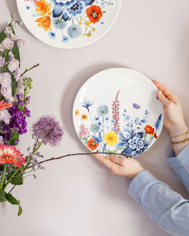 Heinen wandbord Wildbloemen 26,5cm, delfts blauw