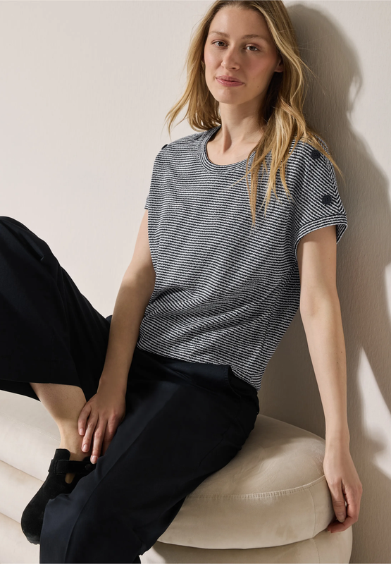 Cecil Striped Crepe Button T-Shirt, universal blue