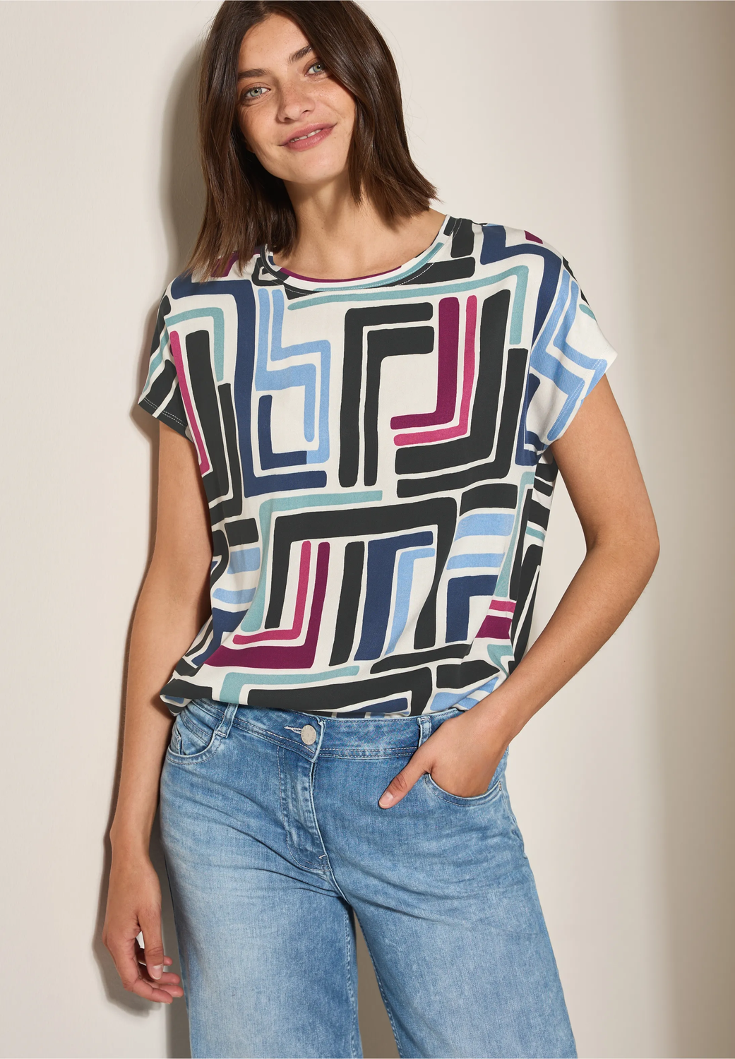 Cecil Big Printed Mat-Mix T-Shirt, light alabaster whit