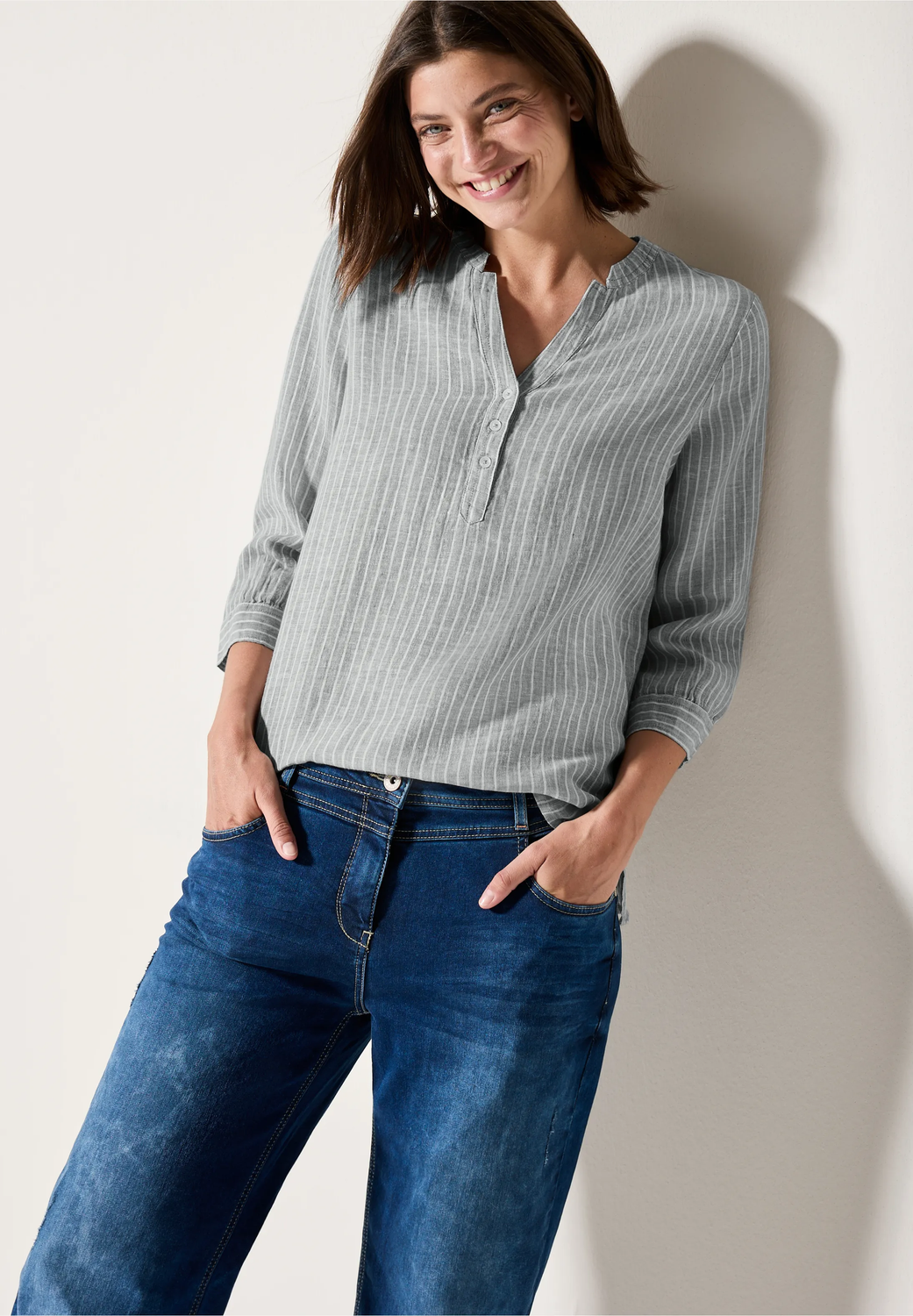 Cecil gestreepte linnen blouse,  chambray balmy khaki