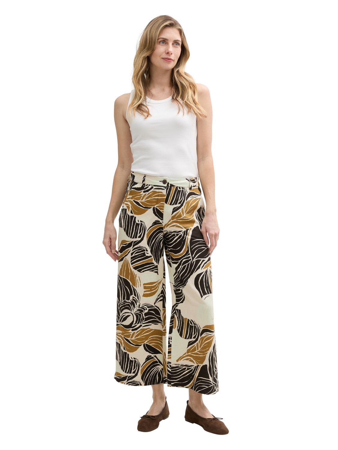 Tom Tailor Culotte broek met linnen, neutral cut leaves design