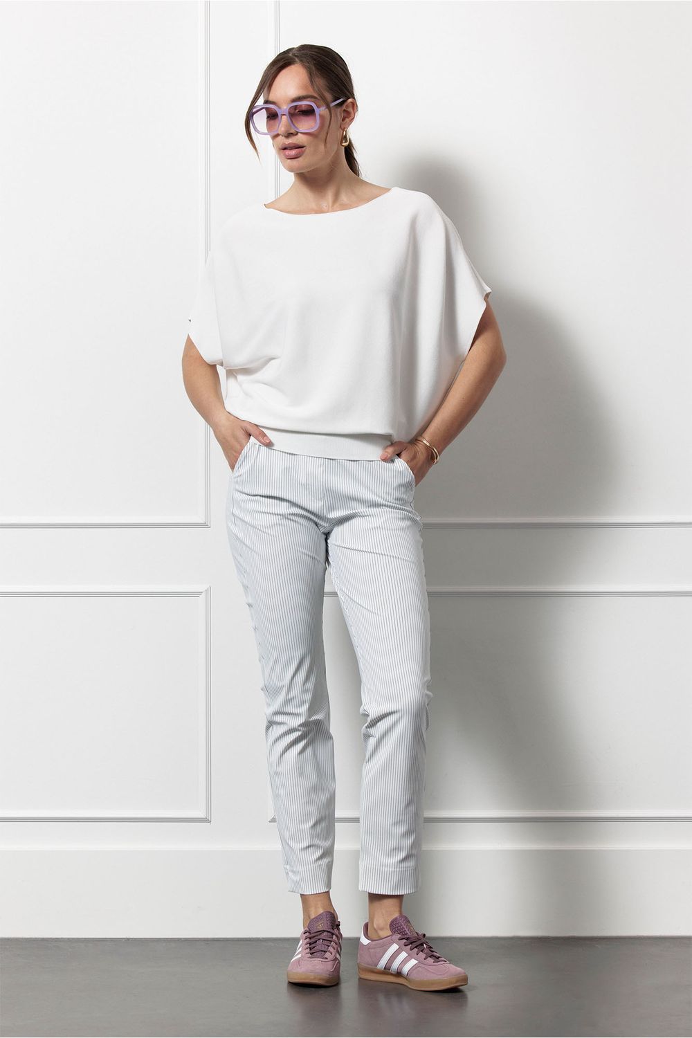 Studio Anneloes  Anne bonded pinstripe trousers, off white/dark blue