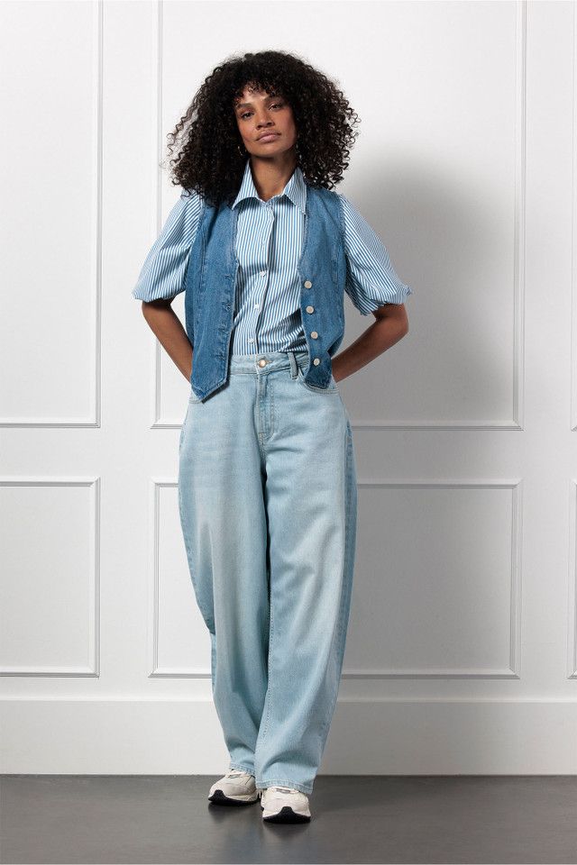 Studio Anneloes Poppy balloon stripe blouse, off white/midblue