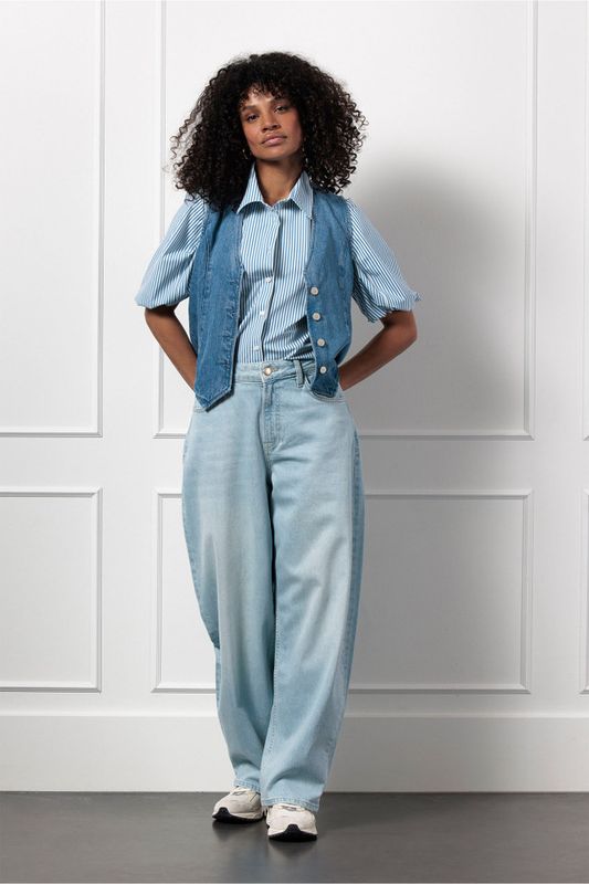 Studio Anneloes Poppy balloon stripe blouse, off white/midblue