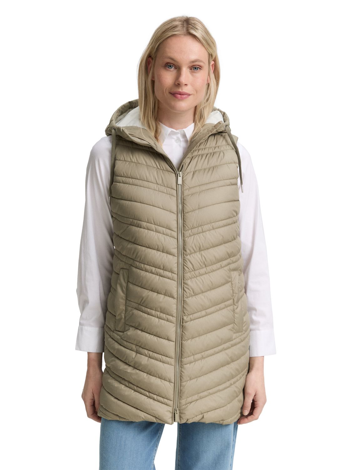 Tom Tailor Longstyle gewatteerd vest met capuchon, smoke olive