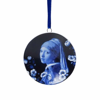 Heinen Kerstornament wandbordje - Meisje met de parel - Keramiek - 6 cm, delfts blauw