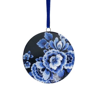 Heinen Kerstornament wandbordje - Donkere bloemen - Keramiek - 6 cm, delfts blauw