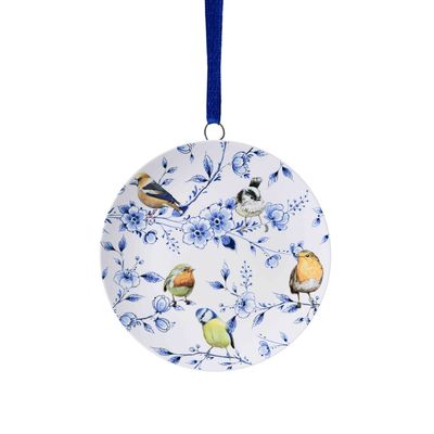 Heinen Kerstornament wandbordje - Bosvogels bloesem - Keramiek - 6 cm, delfts blauw