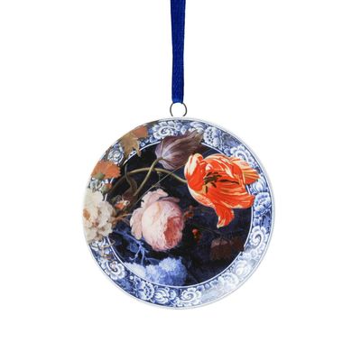 Heinen Kerstornament wandbordje - Gouden Eeuw oranje - Keramiek - 6 cm, delfts blauw