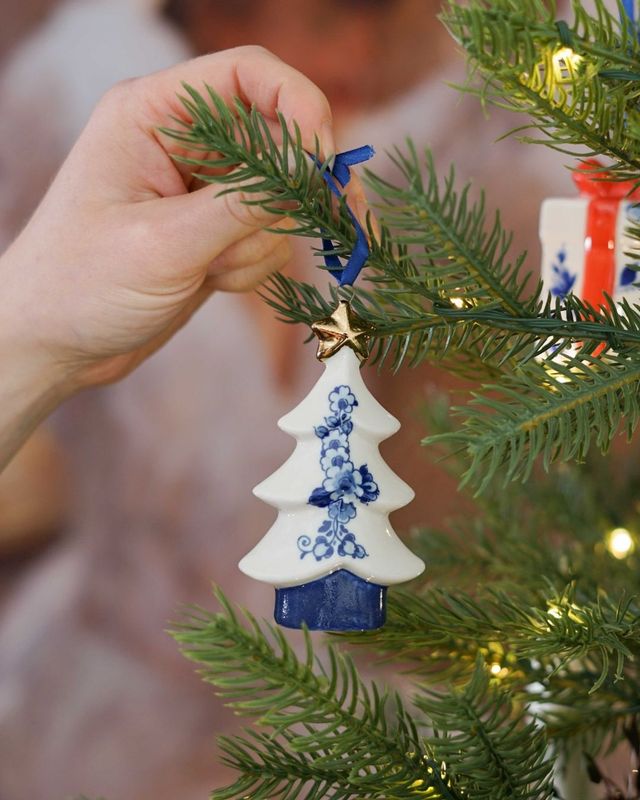 Heinen Kerstornament Kerstboom Ster - Keramiek - 9,5 cm, delfts blauw