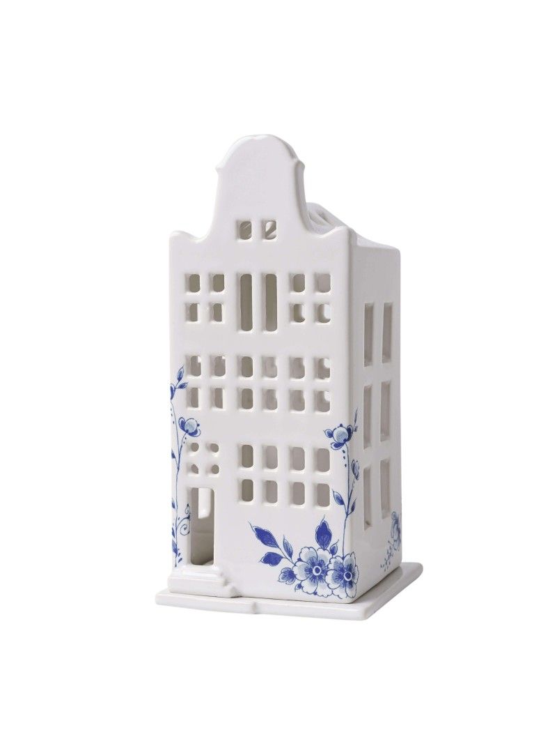 Heinen Waxinelichthouder huis - klokgevel, delfts blauw