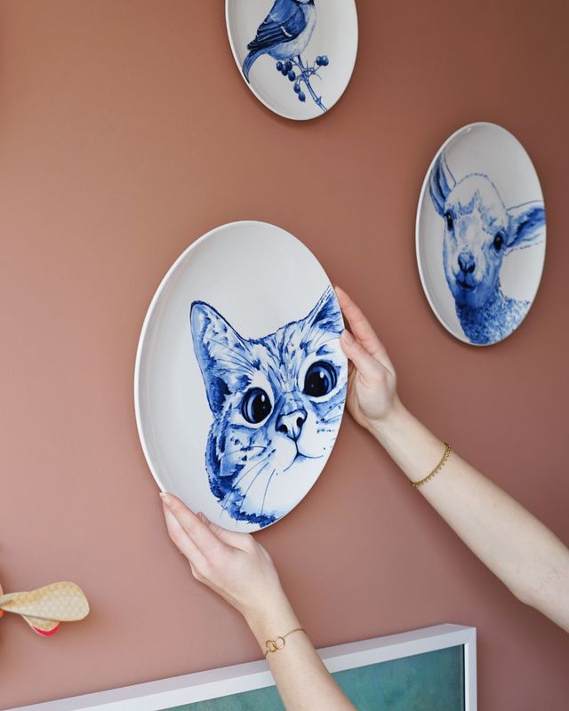 Heinen Wandbord Poes - Delfts blauw - Keramiek - 31 cm, delfts blauw