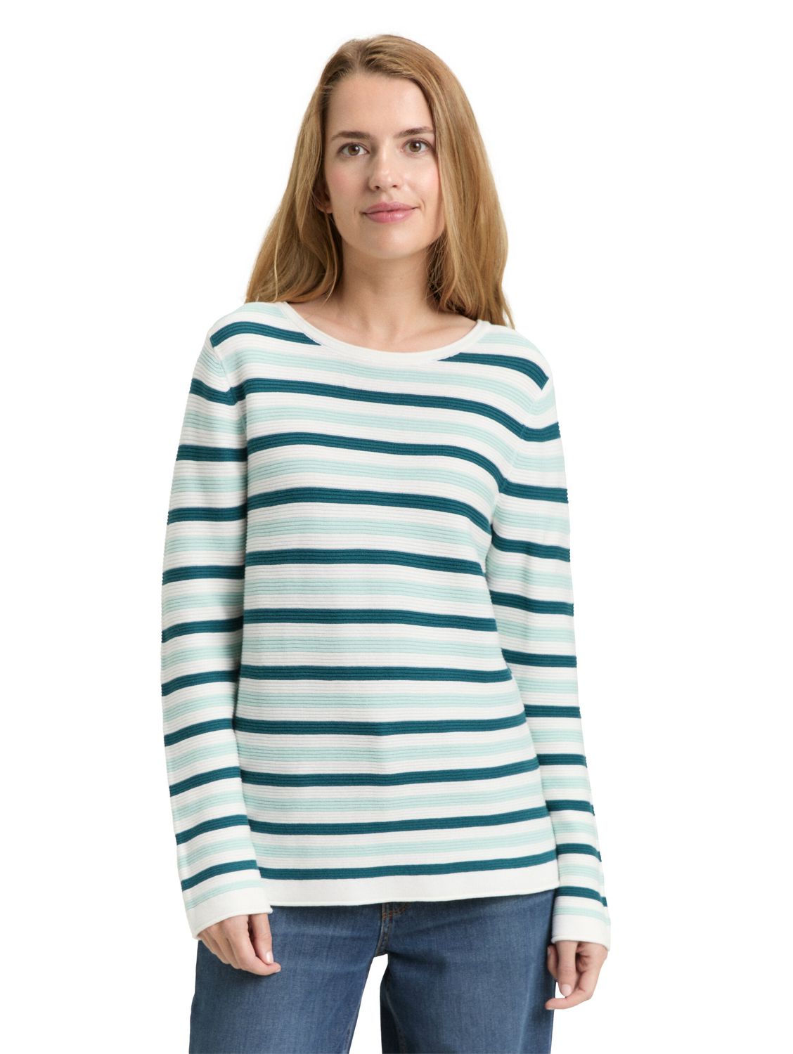 Tom Tailor Gebreide trui met ronde hals, mint green beige stripe