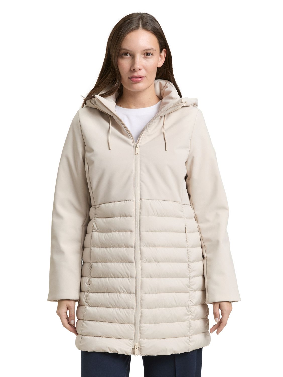 Tom Tailor Softshell hybride gewatteerde jas met capuchon, sand stone beige Tom Tailor Softshell hybride gewatteerde jas met capuchon, sand stone beige