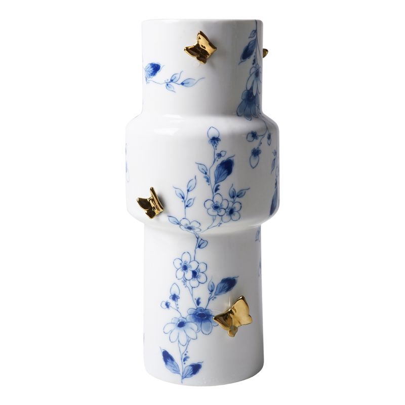 Heinen Vaas Cilinder 3D Vlinders - Vlindergoud - Keramiek - 25 cm, delfts blauw