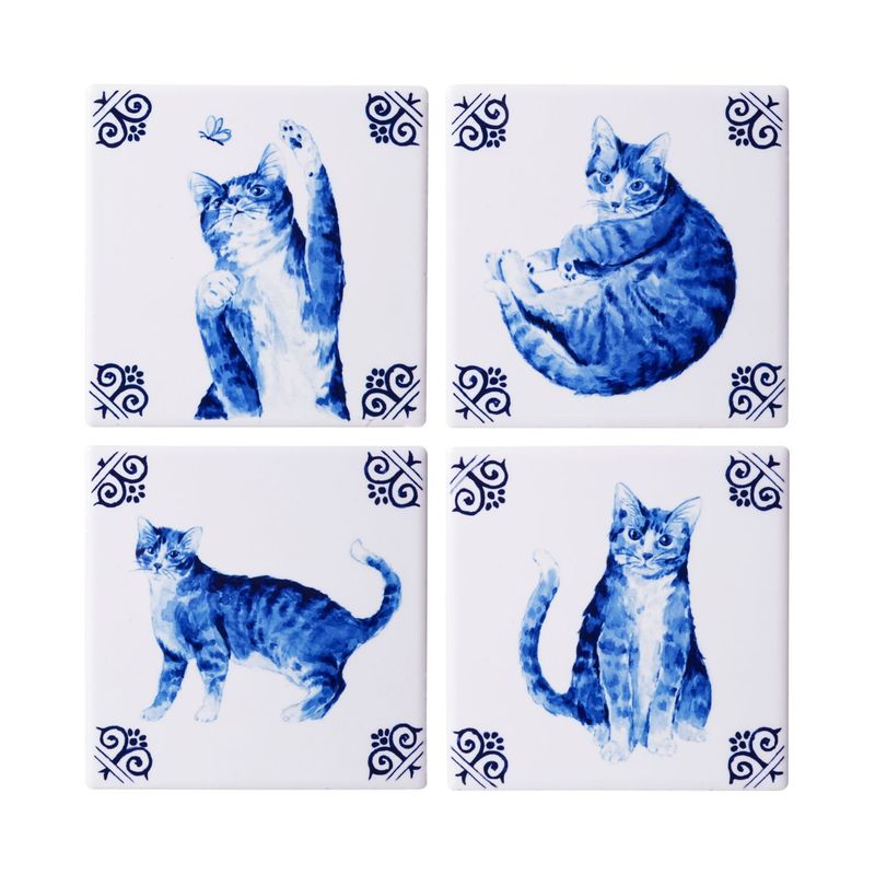 Heinen Onderzetters Lieve Kat - Vierkant - Keramiek - Set van 4, delfts blauw