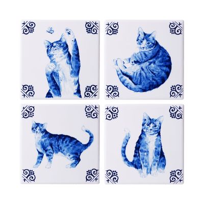 Heinen Onderzetters Lieve Kat - Vierkant - Keramiek - Set van 4, delfts blauw Heinen Onderzetters Lieve Kat - Vierkant - Keramiek - Set van 4, delfts blauw