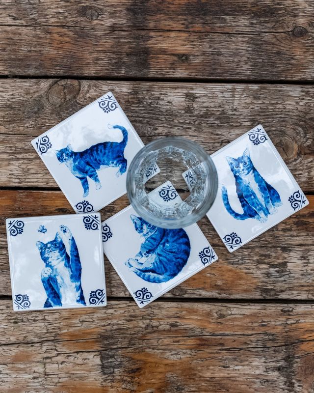 Heinen Onderzetters Lieve Kat - Vierkant - Keramiek - Set van 4, delfts blauw
