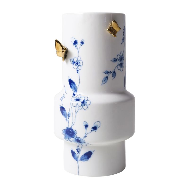 Heinen Vaas Cilinder 3D Vlinders - Vlindergoud - Keramiek - 21 cm, delfts blauw