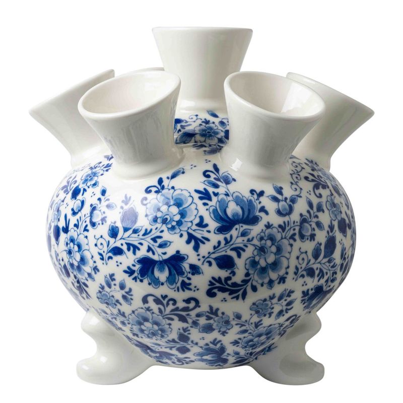 Heinen Tulpenvaas op pootjes XL - Sierlijke bloem - Keramiek - 30 cm, delfts blauw