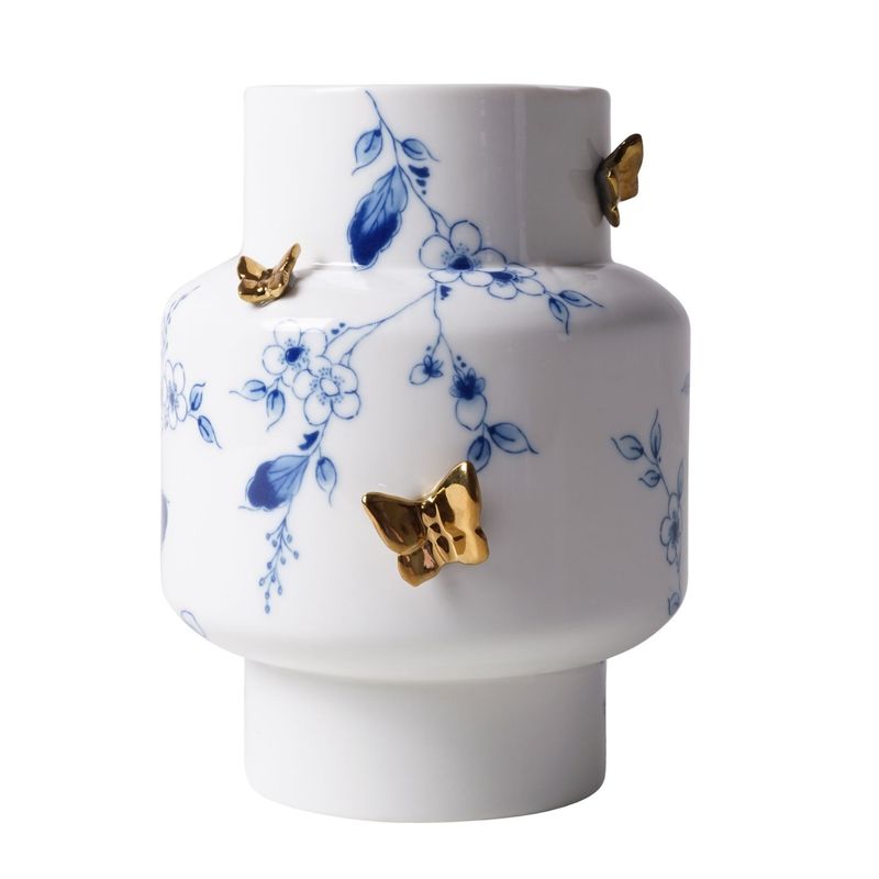 Heinen Vaas Cilinder 3D Vlinders - Vlindergoud - Keramiek - 17 cm, delfts blauw