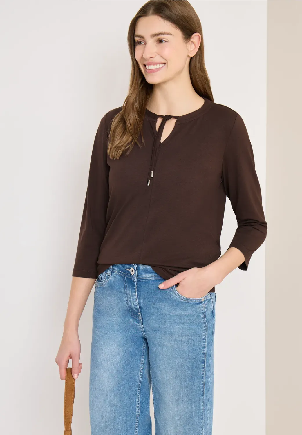 Cecil Shirt met 3/4 mouwen en split neck, macchiato brown