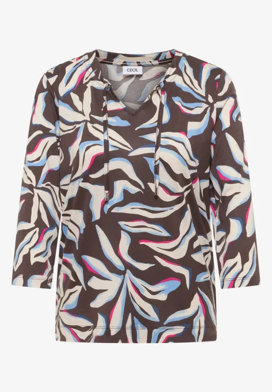 Cecil Shirt met split neck en print, macchiato brown
