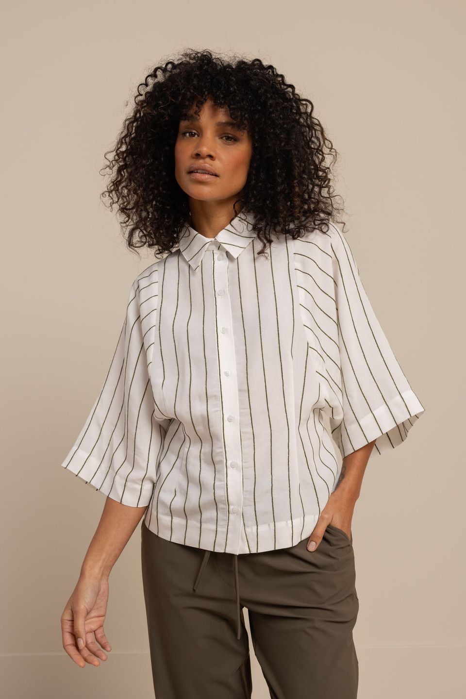 Studio Anneloes Fabienne stripe blouse, offwhite/new army