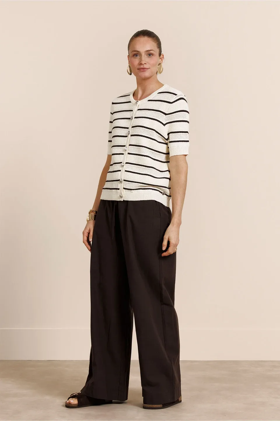 Studio Anneloes Yara stripe cardigan, ecru/espresso