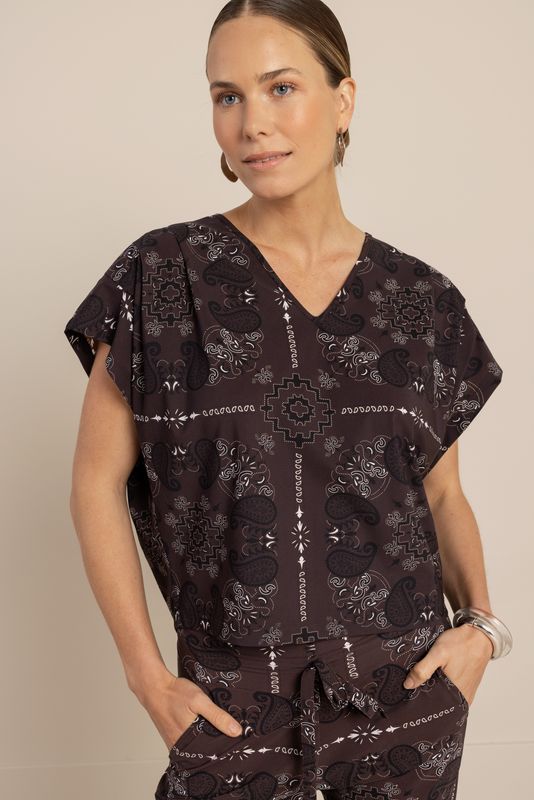 Studio Anneloes Renske paisley vneck top, espresso/kit