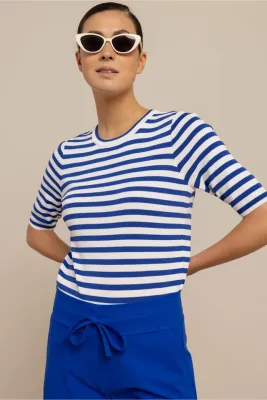 Studio Anneloes Luna stripe sl pullover, electric blue/offwhite