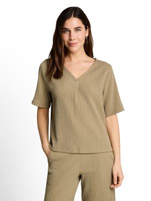Tom Tailor Crinkle T-shirt met V-hals, olive white structure