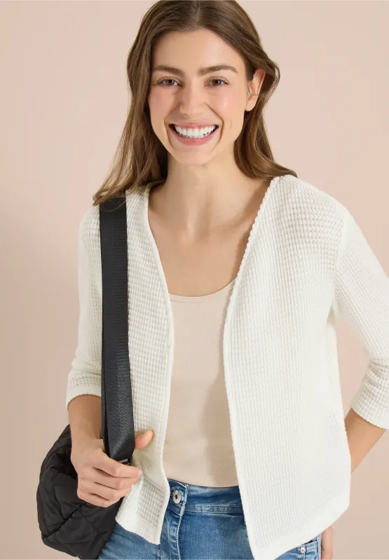 Cecil vest met 3/4 mouwen in ajour-look, vanilla white