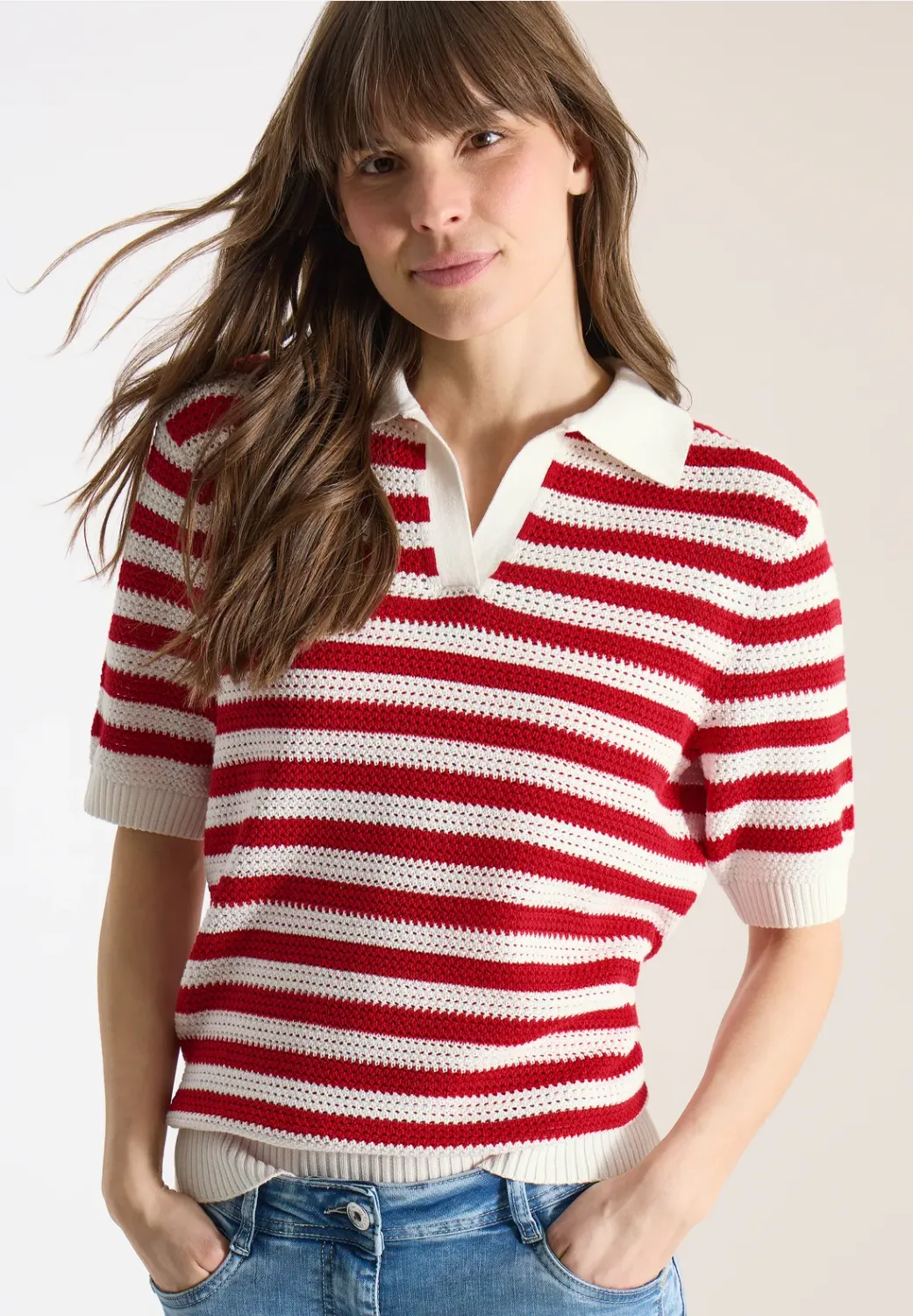 Cecil Mesh Stripe Polo, glazed apple red