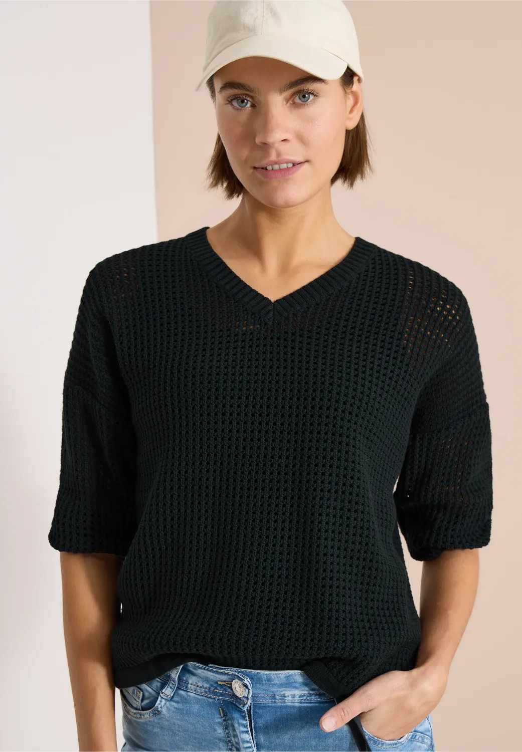 Cecil Trui met korte mouwen in gehaakte look, palm breeze green