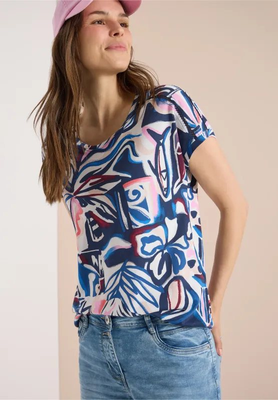 Cecil Shirt met korte mouwen en kanten detail, universal blue