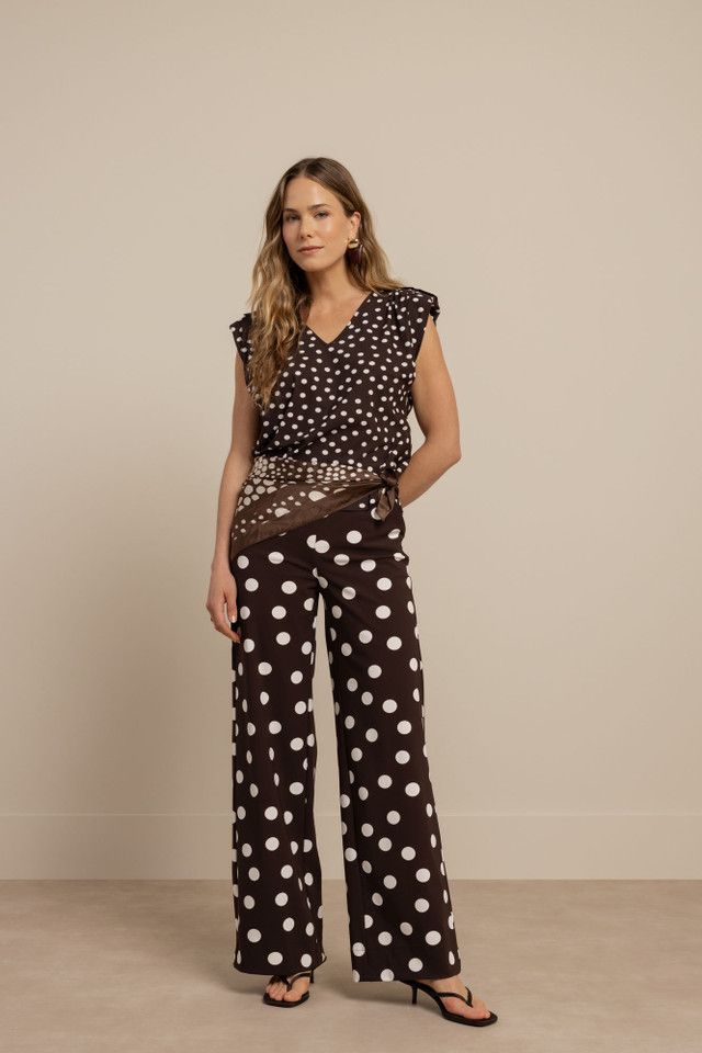 Studio Anneloes,Leone dot vneck top, espresso/ecru Studio Anneloes,Leone dot vneck top, espresso/ecru