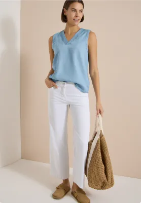 Cecil Blousetop in denimlook met V-hals, light blue used wash Cecil Blousetop in denimlook met V-hals, light blue used wash