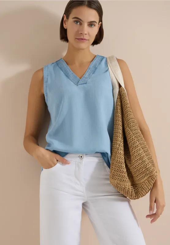 Cecil Blousetop in denimlook met V-hals, light blue used wash