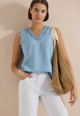 Cecil Blousetop in denimlook met V-hals, light blue used wash