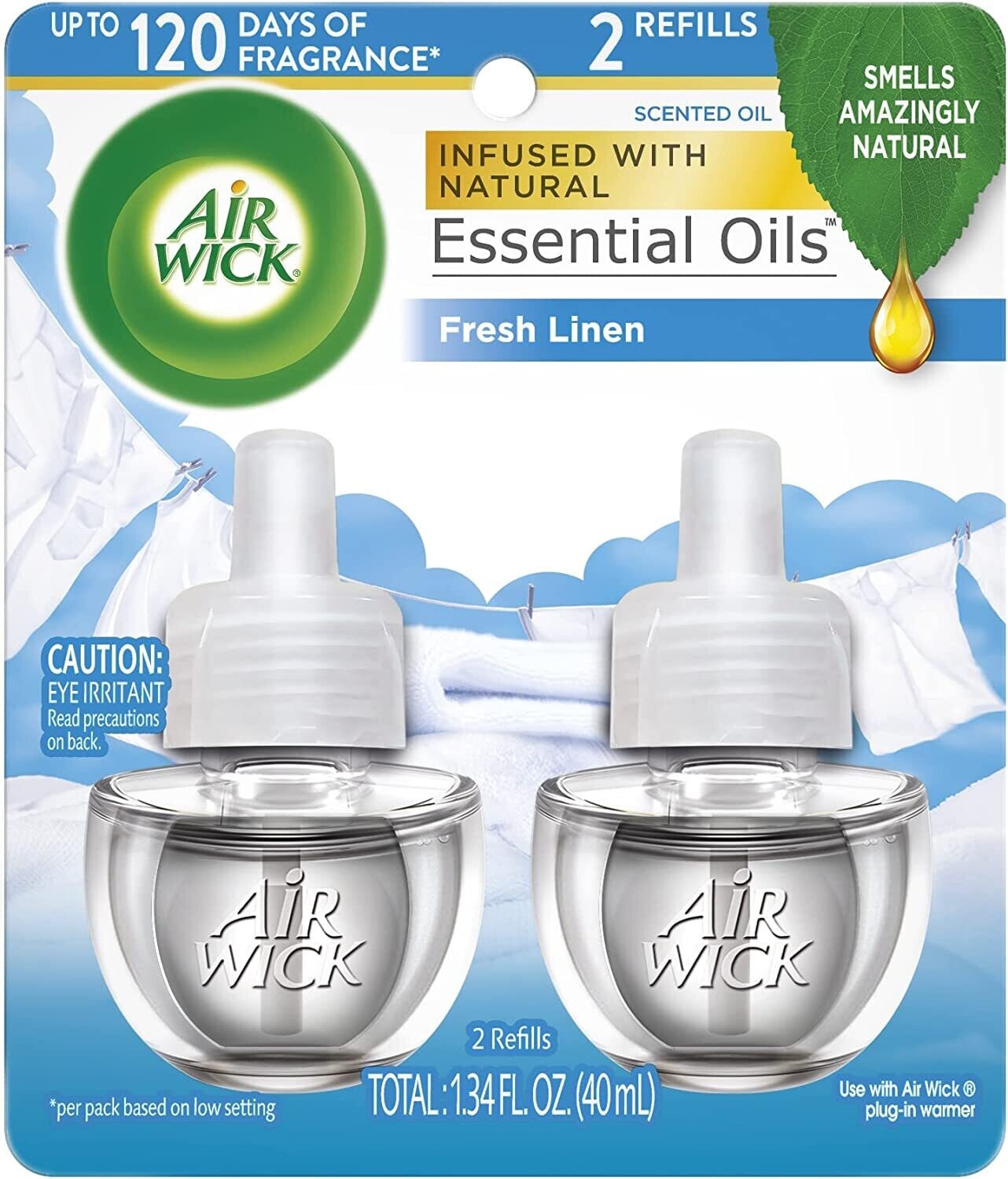 Air Wick plug in Scented Oil, 2 Refills, Fresh Linen, (2x0.67oz), Same familiar smell of fresh laundry, Essential Oils, Air Freshener( sold individually)