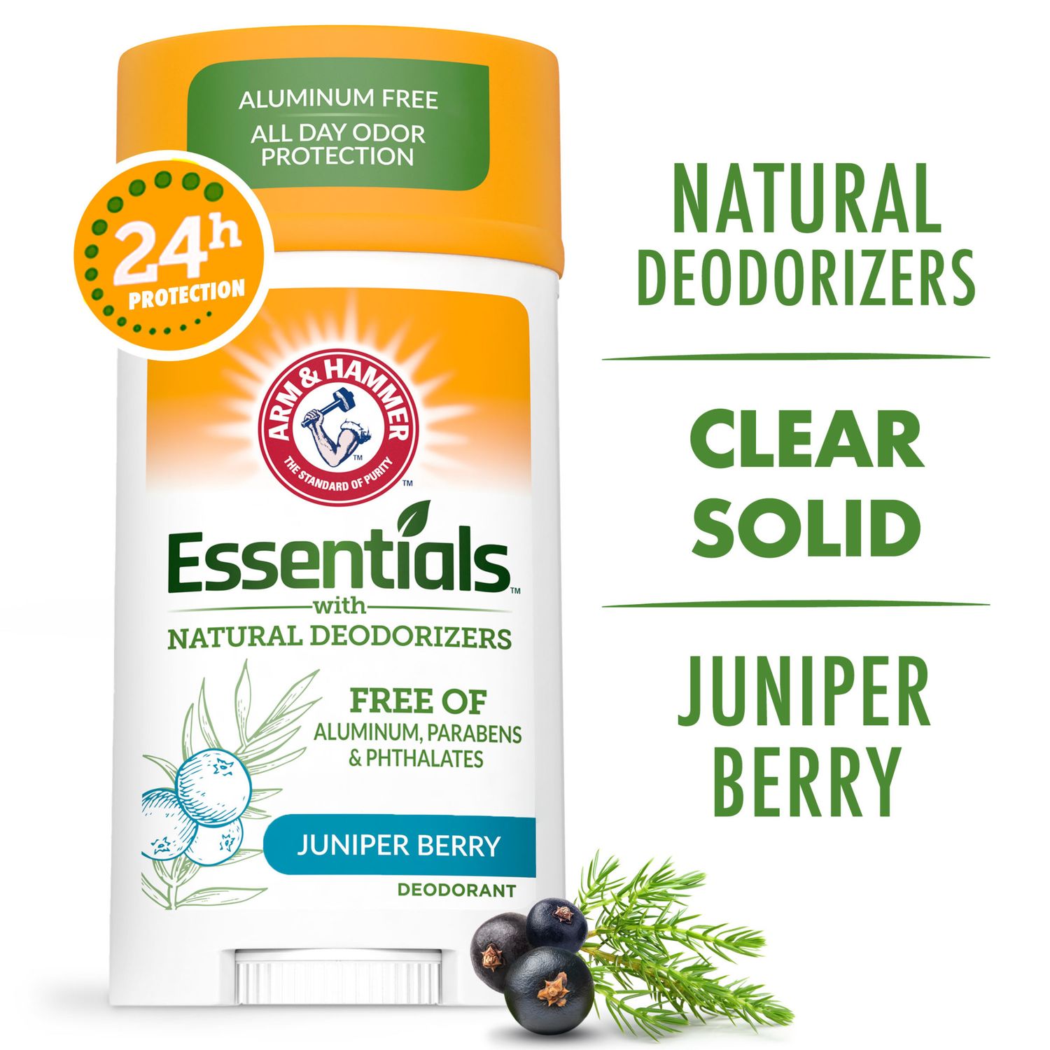 ARM &amp; HAMMER Essentials Deodorant- Clean Juniper Berry- Wide Stick- 2.5oz- Made with Natural Deodorizers- Free From Aluminum, Parabens &amp; Phthalates