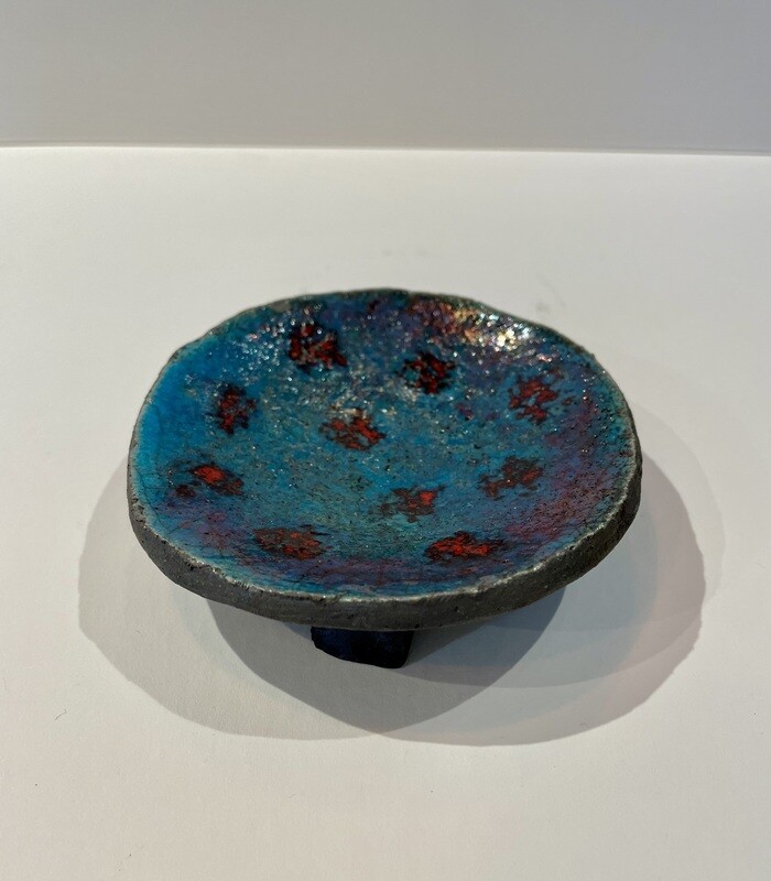 Blue Glazed Raku Dish with Feet