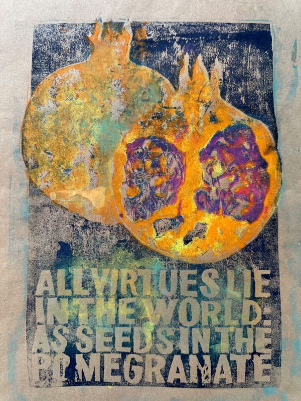 All Virtues (blue on brown paper)